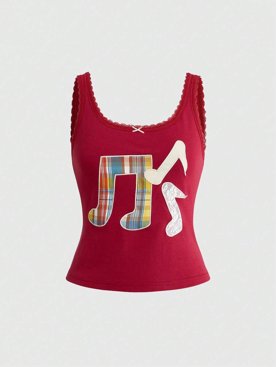 ROMWE Kawaii Summer Casual Music Note Embroidered Lace Trim Camisole - Grey - View 1