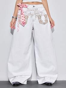 ROMWE Avant Low-Waist Embroidered Tie-Up Wide-Leg Flared Jeans - White - View 7