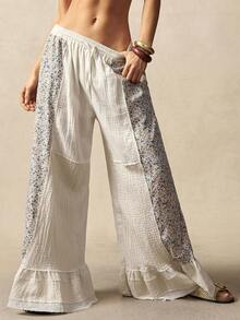 Bohemela Women's Casual Woven Print Patchwork Solid Color Loose Wide Leg Pants Vacations Women Summer For Women Holidays For Women White Pants Casual For Women Spring - Multicolor - View 7