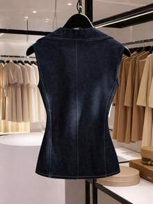 GlowEve 女士翻领单排扣休闲牛仔背心 - 藍色 - 查看 2