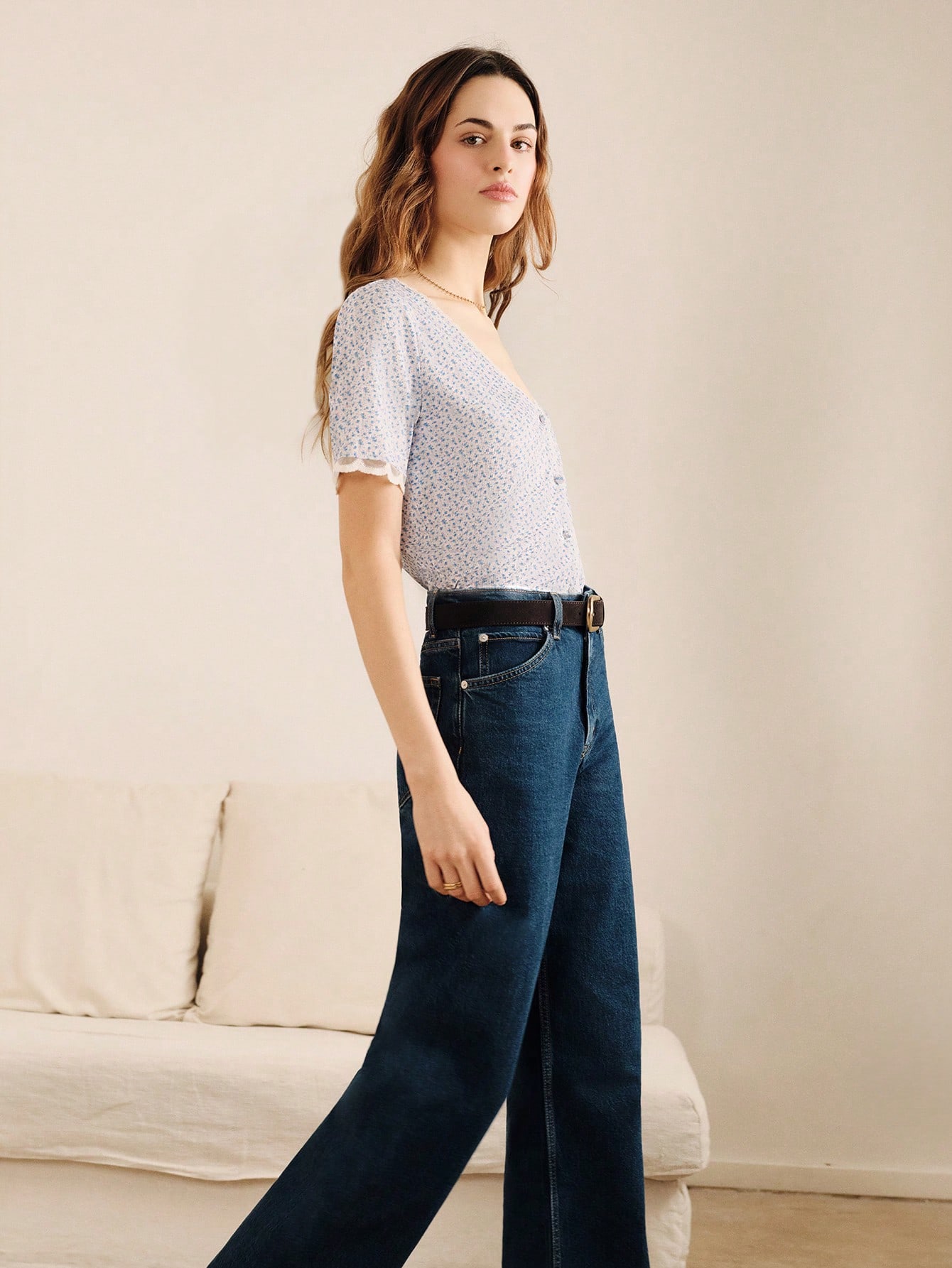 White Pleated Floral Print T-Shirt With V-Neckline And Front Buttons Spring Summer French Style Parisian Style Cute Vacation Top Flower Top Vintage Top