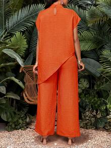 SHEIN Lady 大码两件套 - 橙色纯色休闲上衣和阔腿裤夏季套装 女士夏季橙色套装 女士圣诞节服装 女士休闲连衣裙 时尚服装系列 沙滩套装 橙色套装 橙色套装 女士夏季套装 夏季度假服装 春夏套装 - 橘色 - 查看 2