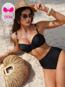 Swim DD+ Women's Nylon Solid Color Sexy Push-Up Underwire DD+ Bikini Set With Metal Shaped Ring Strap Connection, Spring/Summer - Black - View 1