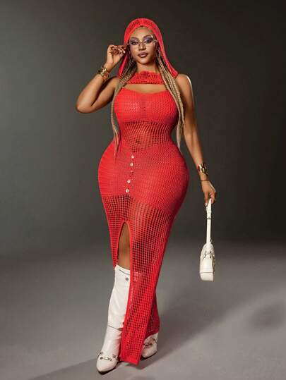 Maweii Plus Size Women's Sexy Elegant High-End Quality Sleeveless Backless Hooded Maxi Dress With Shell Decor, Suitable For Party, Beach, Vacation, Spring/Summer