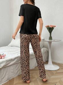 SHEIN Leopard Print Bow Decor Short Sleeve & Pants Women Pajama Set - Black - View 2