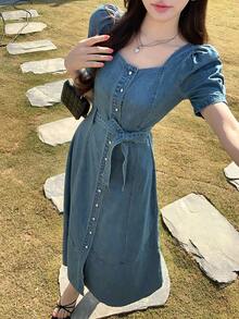 DAZY Women's Casual Washed Square Collar Belted Petal Sleeve Denim Dress, Summer - Blue - View 5