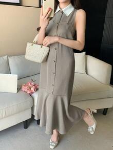 DAZY Women's Elegant Commuter Houndstooth Sleeveless Mid-Length Dress, Summer - Khaki - View 5