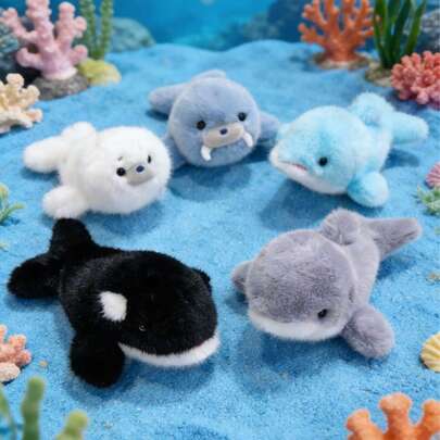 POKOJA LAND Đồ chơi nhồi bông hình động vật biển nhỏ, hình dáng động vật biển dễ thương, cá heo, sư tử biển, hải cẩu, cá voi sát thủ, cá mập, búp bê mini để bàn dễ thương, vật trang trí bàn làm việc, thích hợp cho người yêu động vật biển, là lựa chọn hoàn hảo cho quà sinh nhật/lễ hội.