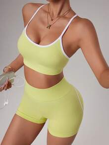 SHEIN Dewbera Bộ đồ thể thao 2 món màu xanh lá cây táo cho mùa xuân/hè, áo ngực và quần short thể thao, áo ngực và quần short kiểu racerback dành cho tập luyện thể dục, chạy bộ. - Màu xanh Bạc hà - Xem 7