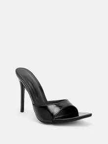 Glitzique Damen Mode High Heel Schuhe, Party, klassischer Spitzschuh, offene Zehenpartie, offene Ferse, metallisches PU-Leder, Slip-On, lackierter Absatz, Stiletto, metallischer Stil, Sommer, Outdoor, Regular, Damen Champagner Farbe Sandalen, High Heel Pantoffeln, Sexy - Schwarz - Übersicht 6