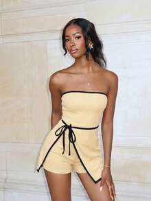 Mima John Women's Business Casual Contrast Color Side Tie Waist Jumpsuit Skort - Apricot - View 5