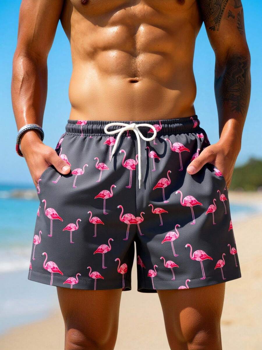 ZELFYO Quần short đi biển nam in hình chim hồng hạc, có dây rút. - Xám - Xem 1