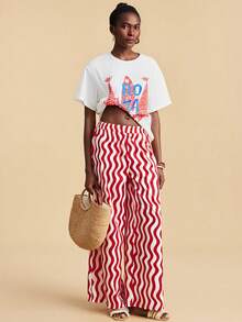 Travachic 女士弹力腰带波浪条纹阔腿宽松休闲裤，适合春假、派对、海滩、春季、情人节、女士情人节、狂欢节服装、优雅、花卉、狂欢节、春夏过渡、派对、夏季裤装、情人节裤装、女士婚礼宾客裤装、生日裤装、派对裤装、优雅女士裤装、花卉裤装、夏季裤装、狂欢节服装、墨西哥风情裤装、波西米亚风女裤装 - 紅白色 - 查看 6