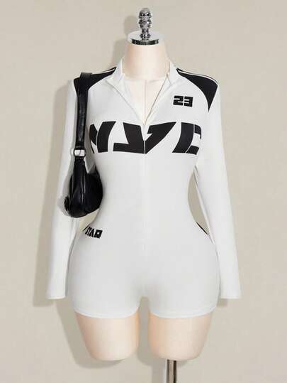 SHEIN ICON Women's Plus Size Retro Sexy Avant-Garde Bold Modern Fashion Millennial Style Y2K Sporty Casual Racing Outfit Letter And Number Print Black And White Color Block High Neck Zipper Long Sleeve Bodysuit