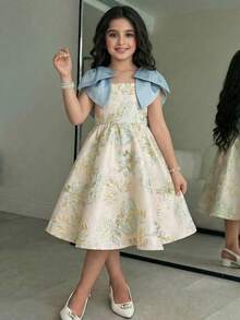 SHEIN Ärmlös klänning med blommig jacquard och rosett på axlarna för ung flicka - Rosa - Visa 7