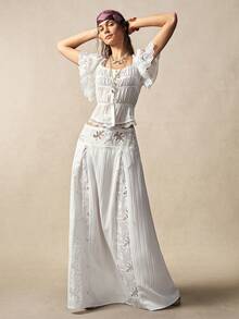 Bohemela Fustă albă extra lungă pentru femei, vară, vacanță, eleganță romantică, plajă franceză, stil boem, country, festival de muzică, brodat, dantelă, patchwork, țesut jacquard, vară pentru femei, stil liber și relaxat, plajă, vacanțe de vară, petrecere - alb - Vizualizare 2