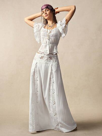 Bohemela Women's Summer Leisure Vacation Romantic Elegance French Beach Bohemian Country Music Festival Embroidered Lace Patchwork Woven Jacquard Extra Long White Midi Skirt, Summer Outfits For Women,Free And Relaxed Style Of Dressing,Beach Outfit,Summer Vacation Outfits, Party Outfit