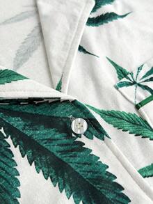 SHEIN All Over Leaf Print Contrast Binding Short Sleeve Button Front Pajama Set With Drawstring Waist Pants Women's Summer Loungewear - Green - View 5