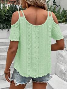 Calvaya Camiseta de manga corta con hombros descubiertos y bordado para vacaciones de mujer - Verde - Ver 2