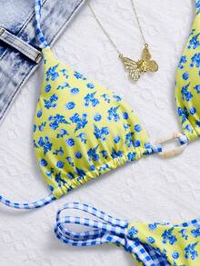 Swim Vcay Women's Summer Beach Vacation Halter Neck Printed Triangle Bikini Bottom With Dual Waist Strings - Multicolor - View 8