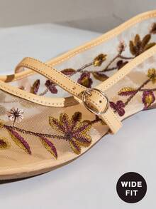 SHUZIA Glamorous Women's Embroidered Wide-Fit Mesh Mary Jane Flats Vintage-Inspired Multi Floral Ballet Shoes With Strap Valentine's Day Wide Fit - Multicolor - View 6