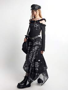 Bloopia 女士休闲复古字母印花A字裙，春夏款 - 黑色 - 查看 1