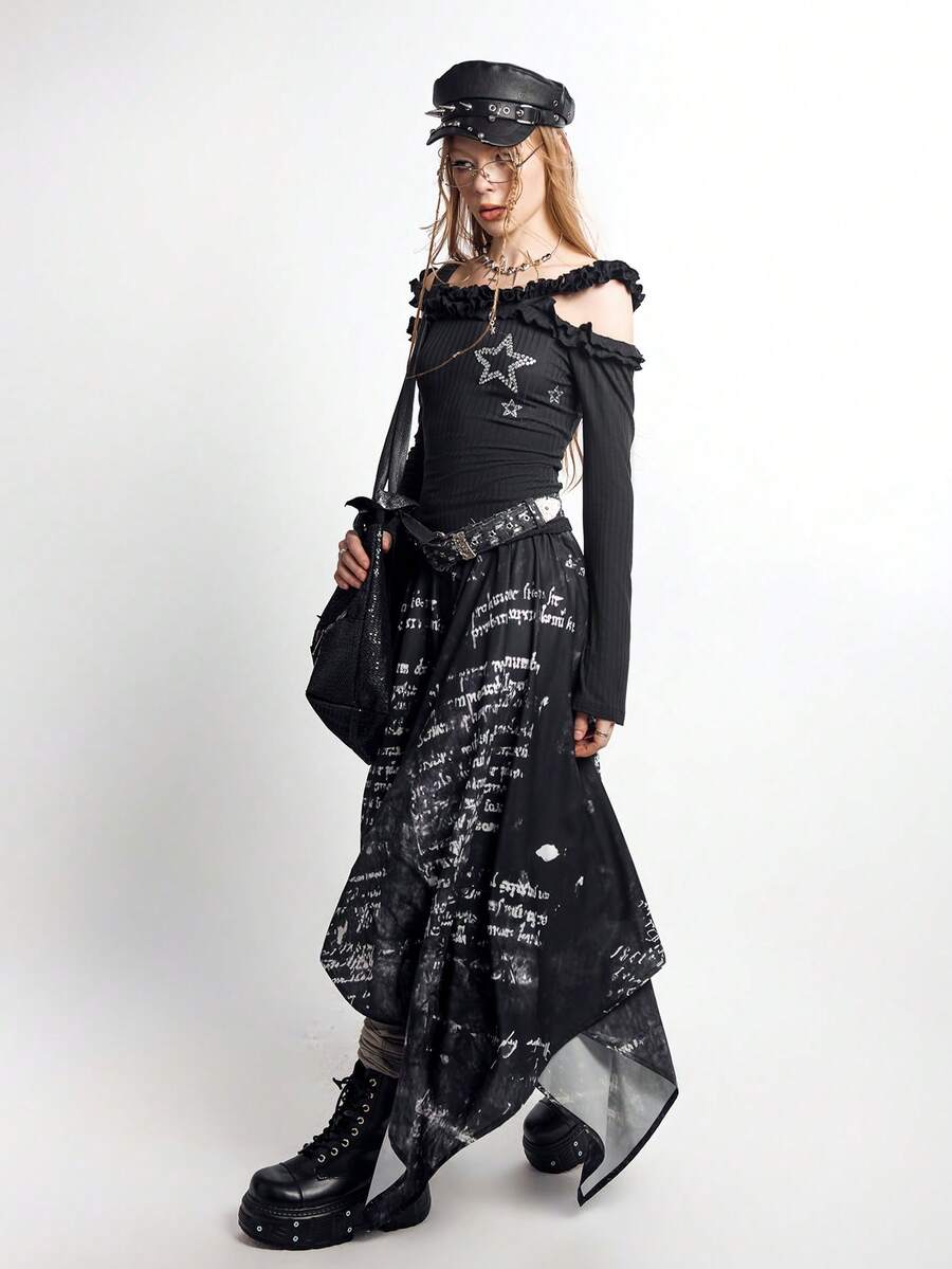 Bloopia 女士休闲复古字母印花A字裙，春夏款 - 黑色 - 查看 1