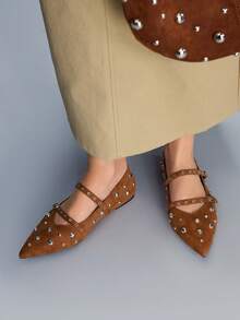 CUCCOO GRLICON 女士铆钉装饰搭扣尖头平底鞋 - 棕色 - 查看 4