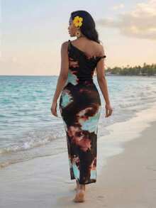 SHEIN Lady Đầm nữ kiểu dáng thường ngày, in họa tiết tie-dye, cổ lệch, thích hợp cho kỳ nghỉ. - Nhiều màu - Xem 5