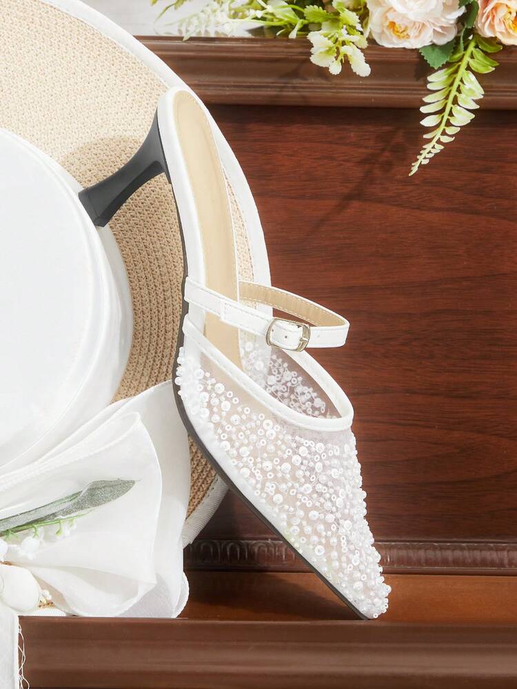 CUCCOO HITCHD Women's Pointed Toe Rhinestone Stiletto Mid Heel Pumps, Elegant Casual Minimalist Wedding Comfortable Slip-On Office Work Commute Chic Fashion High Heels Dress Shoes Wedding Shoes Spring Shoes Bride Shoes