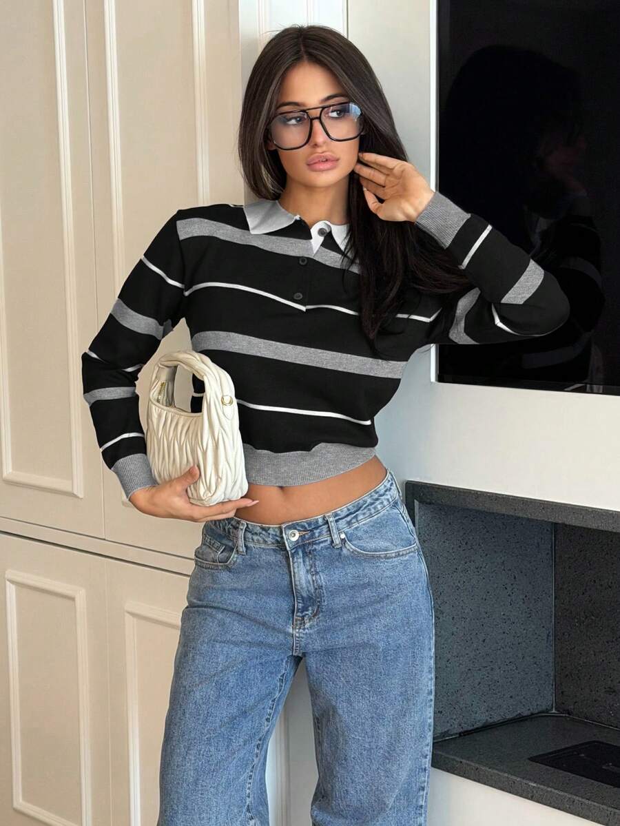 Ronhire Women's Collegiate Style Colorblock Striped Loose Fit Polo Neck Long Sleeve Sweater, Black And Grey, Autumn/Winter,Fall,Fall Clothes For Women,Black Sweater - Black - View 1
