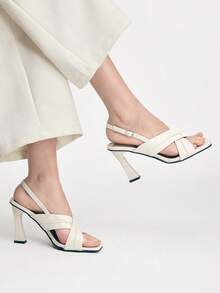 Mnmlis Beige Criss-Cross Strap Square Toe Chunky Heel Sandals, Minimalist Luxury Commuting High-End Feeling - Apricot - View 9