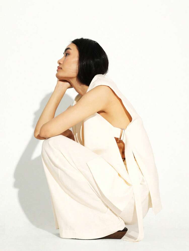 KSTM Women's Sleeveless Open Side Vest Blazer With Deep V Neck And Relaxed Fit For Professional Office Wear