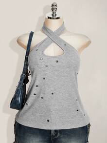 SHEIN ICON Áo tank top nữ cỡ lớn phong cách retro gợi cảm, phá cách, táo bạo, hiện đại, phong cách Y2K, cổ chéo, yếm, trang trí khoen kim loại, màu xám, chất liệu gân. - Xám - Xem 12