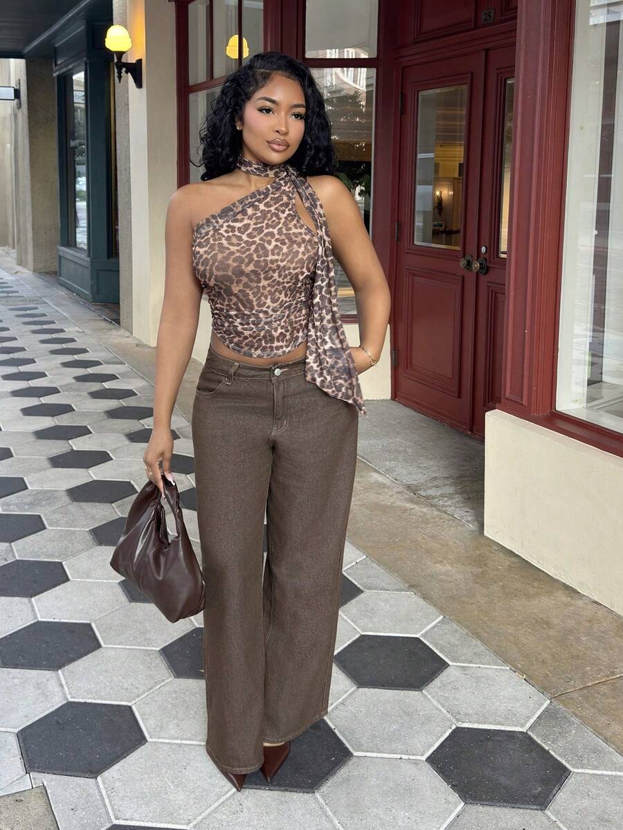 Alexandranx 豹纹露背上衣，不对称上衣，Y2k 服装 - 銅色 - 查看 1