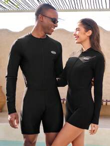 Manfinity VDAYZ Bañador de una pieza con manga raglán de media apertura con cremallera para hombres en vacaciones de verano - Negro - Ver 3
