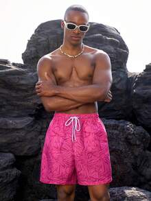 Manfinity VDAYZ 男士印花抽绳腰带休闲沙滩短裤 - 紅色 - 查看 3