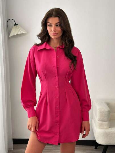 EURMUSE Elegant Women's Button-Down Shirt Dress With Fitted Waist & Soft Draped Silhouette, Defined Waist & Minimalist Design