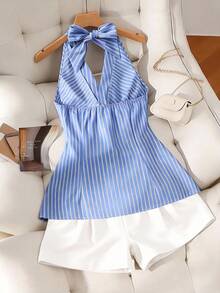 GlowEve Women's Elegant Rose Gold Metal Clasp Necklace Blouse, Spring/Summer - Blue and White - View 2