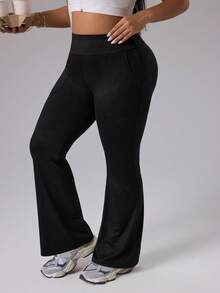Rhythm Era Plus Size Women Solid High Waist Pockets Flared Sports Leggings - Black - View 6