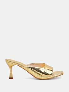 Glitzique 女士金色亮面方头高跟凉鞋，适合度假、婚礼、派对、宴会，金色鳄鱼纹高跟拖鞋 - 金色 - 查看 4