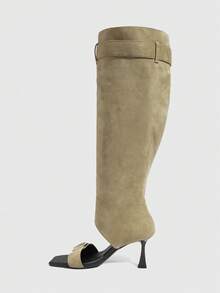 Daringsoles Women Shoes Spring And Autumn Explosion Open-Toe One-Word Buckle Square Head Thin High Heel Pull Wind Khaki Brown Beautiful Boots Outside Wear - Khaki - View 4