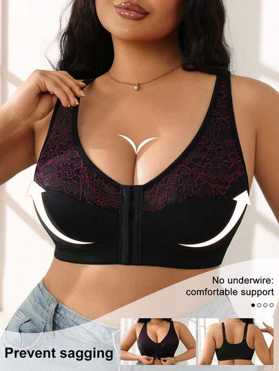 Underwear & Sleepwear 1pc Women Plus Size Contrast Lace Patchwork Front Closure Unlined Wireless Bra