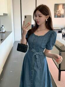 DAZY Women's Casual Washed Square Collar Belted Petal Sleeve Denim Dress, Summer - Blue - View 9