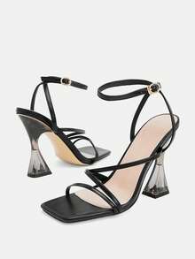 Glitzique 方头水晶高跟鞋，条纹带性感优雅时尚高跟女士凉鞋 - 黑色 - 查看 11