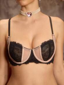 PinupPomp 1 pieza Sujetador con aros y encaje para mujer, diseño de encaje semitransparente, tirantes ajustables, sujetador diario sexy y cómodo de color contrastante - Negro - Ver 5