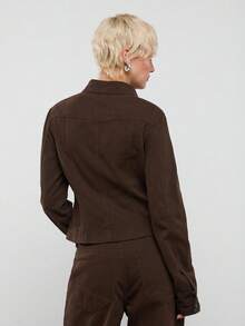 COUREZ Áo khoác ôm dáng có khóa kéo màu nâu denim / Phong cách Y2K mùa đông xuân cho nữ, áo khoác nâu, bộ 2 món, trang phục đi chơi, dự tiệc, trở lại trường học, áo kiểu dễ thương. - Màu xanh Ô liu - Xem 3