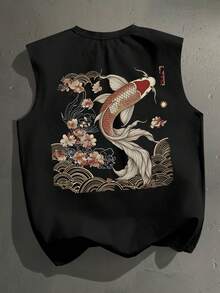 StoneGrade 日本传统浮世绘锦鲤图案印花黑色休闲背心，男士常规款 - 黑色 - 查看 1