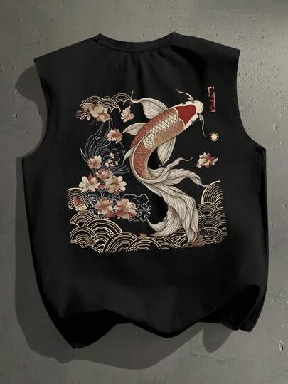 Manfinity Roughcore 日式傳統浮世繪錦鯉圖案印花黑色休閒背心，男士標準版型，度假款