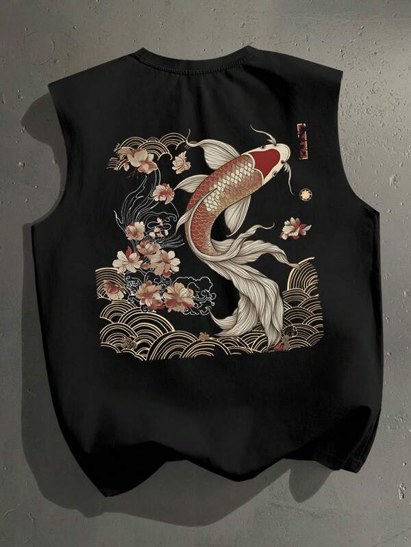 StoneGrade 日本传统浮世绘锦鲤图案印花黑色休闲背心，男士常规款